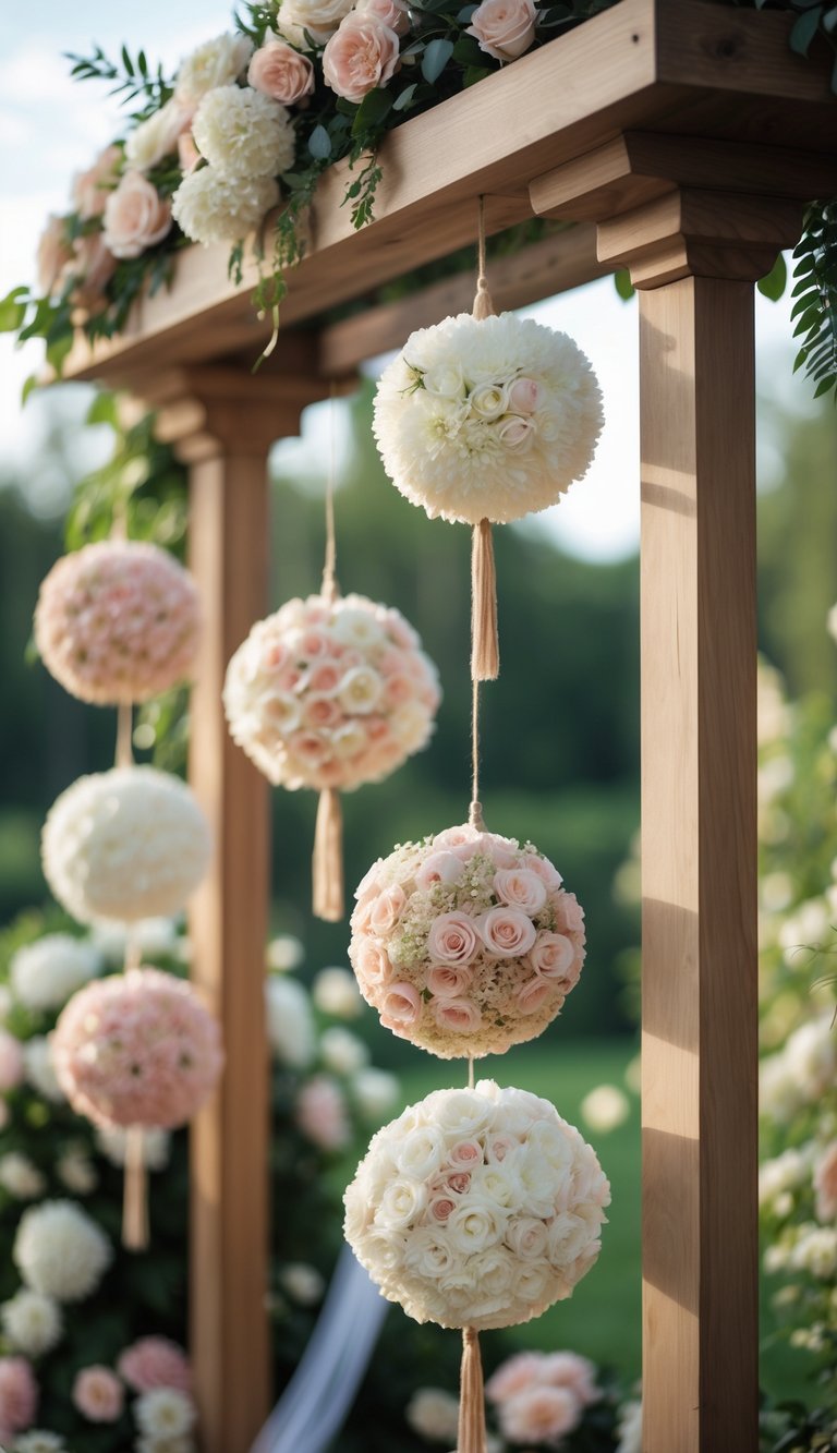 Wedding altar with pomander balls hanging from the wooden frame, surrounded by soft floral decorations.